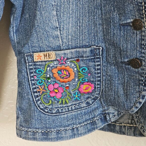 Girl Denim Jacket Sz 7 Embroidered Floral Design Gray Hoodie Stuff Hillary Duff - Picture 4 of 7